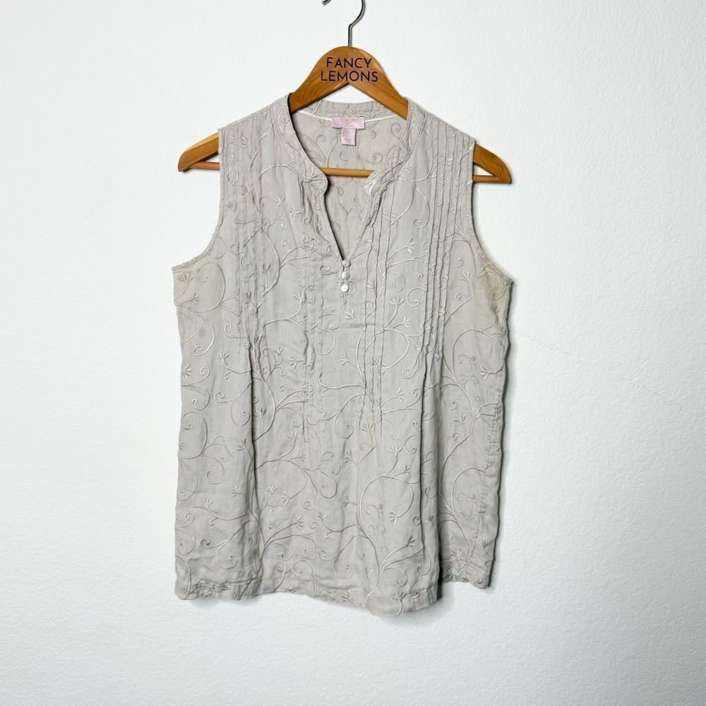 St. Tropez West 100% Linen Embroidered Sleeveless Blouse Boho Chic Women’s Small